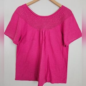 Lane Bryant 14/16 Crochet Neck Short Sleeve Top Cotton Pink Cottage Feminine
